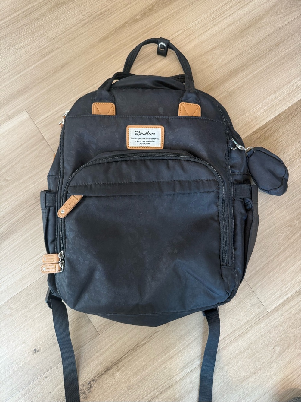 Black Baby Bag Backpack with Tan Accents